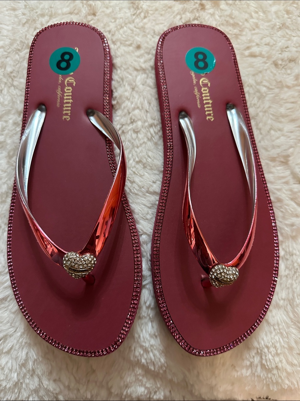JUICY COUTURE Y2K Bohemian Pink Flip Flop Sandals with Metallic Straps Sz 8 NWOT